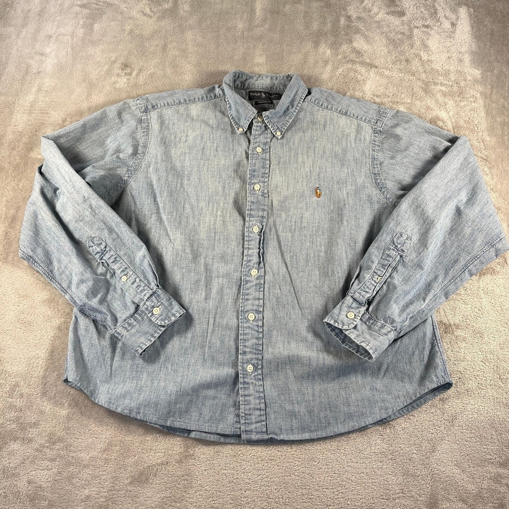 Ralph Lauren Button Down Old Money XL Light Blue Classic Fit Cotton Chambray